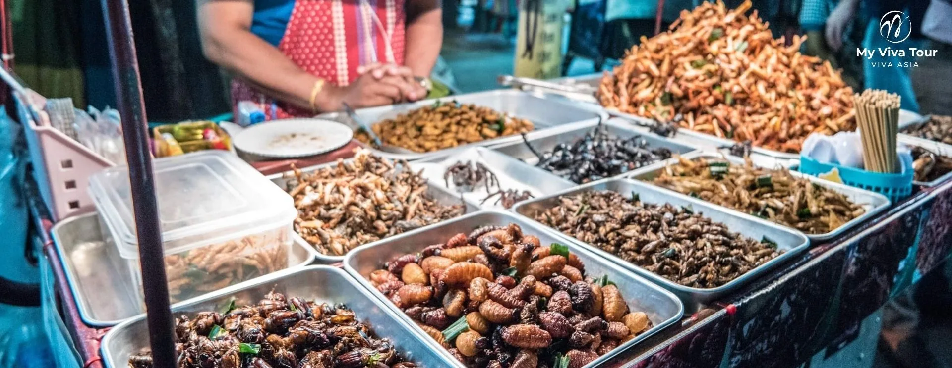 Street food stall selling fried insects, crickets and silkworms at a night market in Bangkok, Thailand