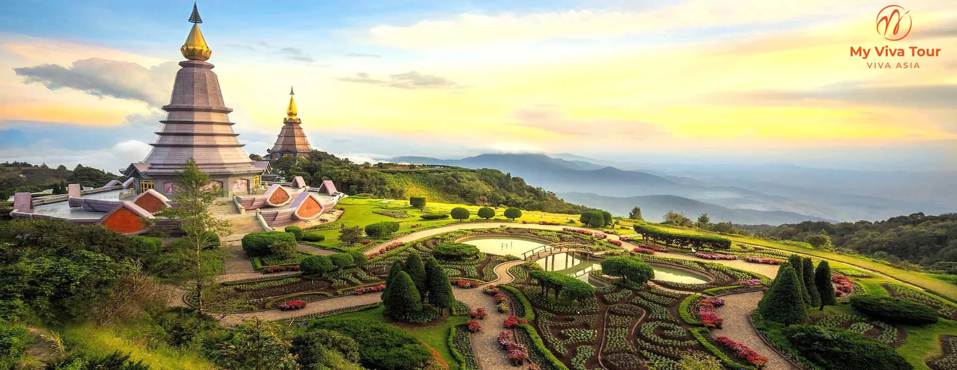 Chiang Mai travel guide — twin royal pagodas and flower gardens on Doi Inthanon at sunset