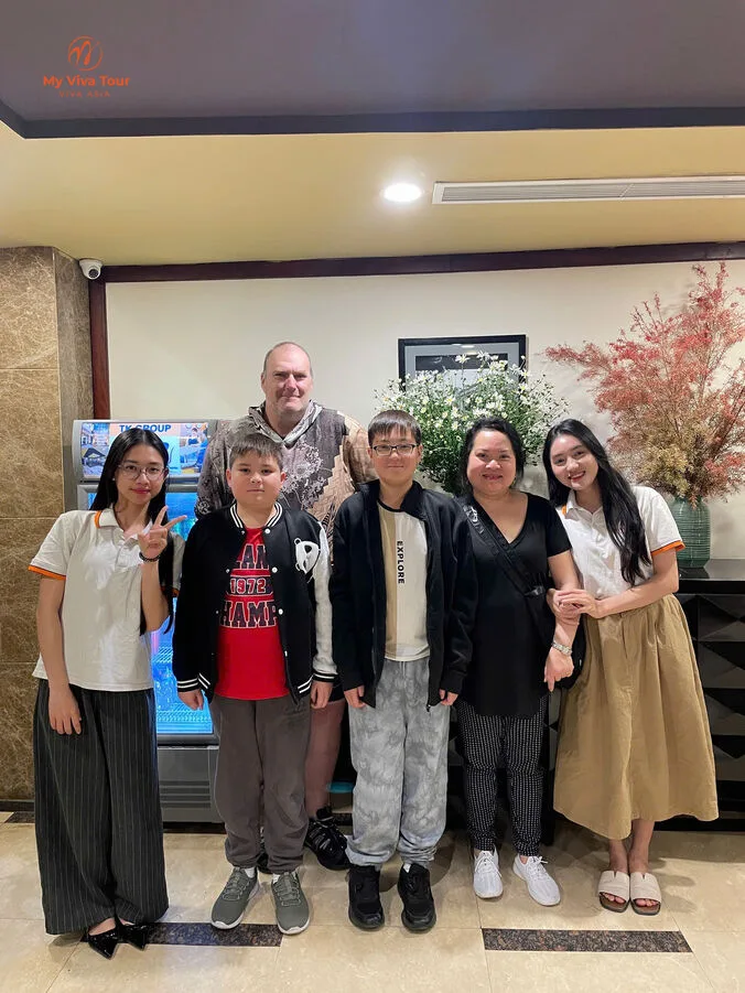 Kim Nga's family meeting their My Viva Tour guides in a Hanoi hotel lobby
