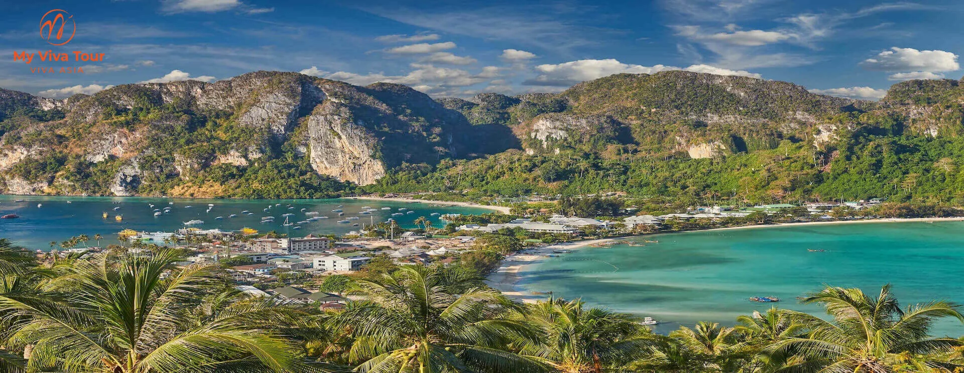 View over Ko Phi Phi Don's twin bays and turquoise water from the island viewpoint in Krabi Province