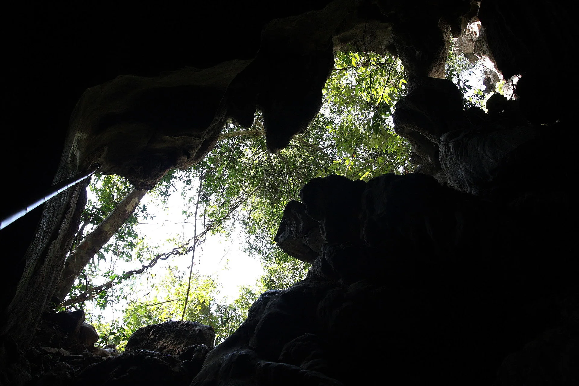 Looking out from inside the limestone Tham Phu Kham cave towards a sunlit jungle opening near Vang Vieng