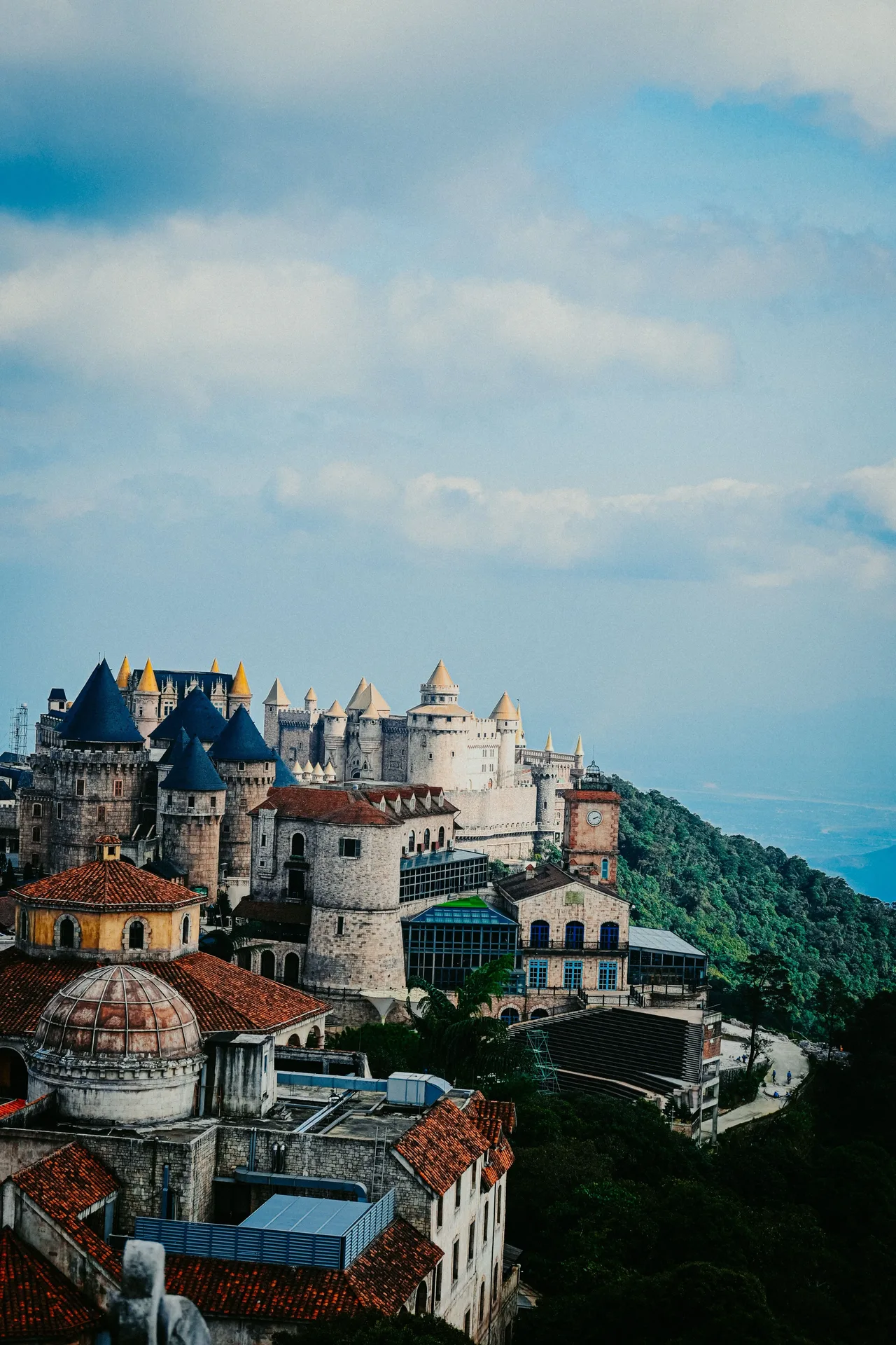 Fairytale castle rooftops of the French Village at Ba Na Hills, Da Nang
