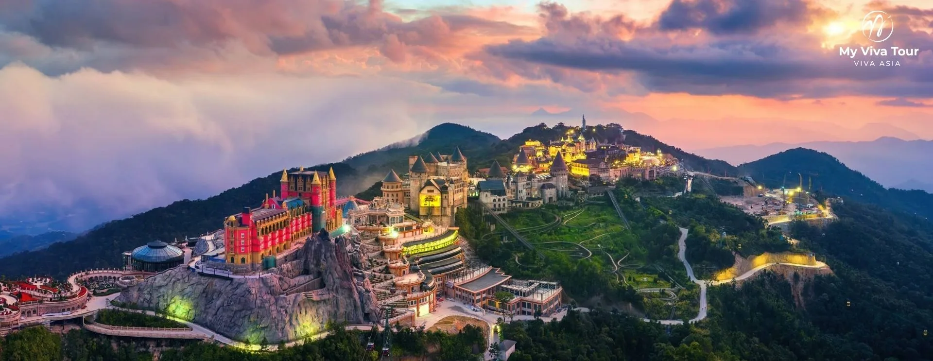 Aerial sunset view of the Sun World Ba Na Hills hilltop resort and its French-style castles near Da Nang, a highlight on any Vietnam itinerary