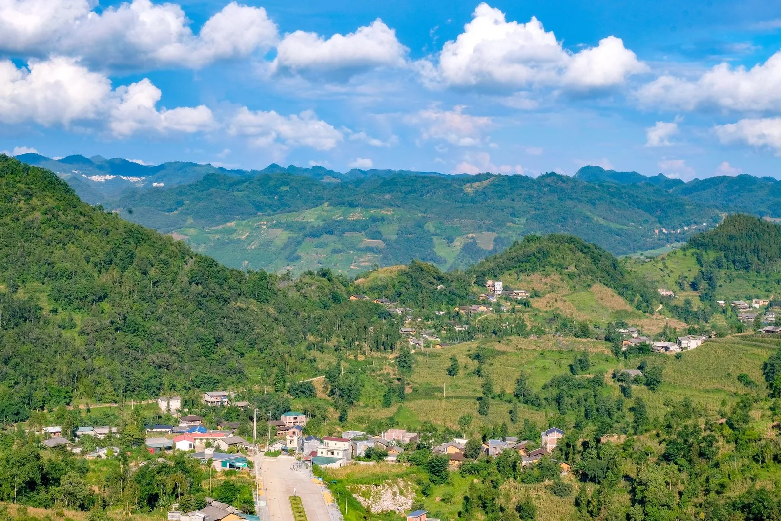 Highland villages and cornfields among the limestone hills of the Dong Van Karst Plateau in Ha Giang