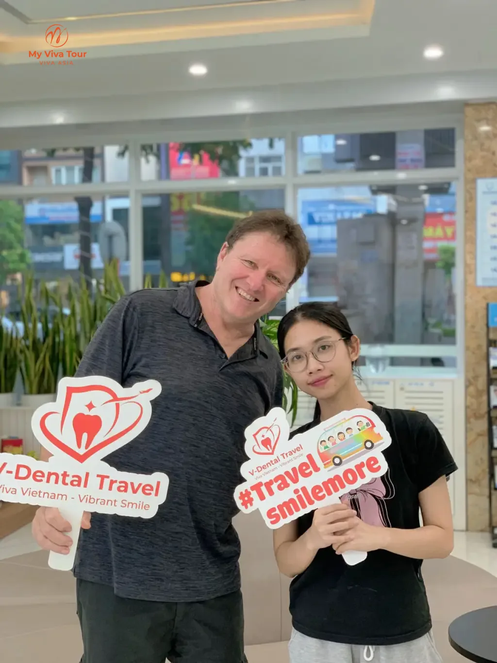 Gary's Vietnam dental trip — Gary at the Hanoi dental clinic with his My Viva Tour consultant