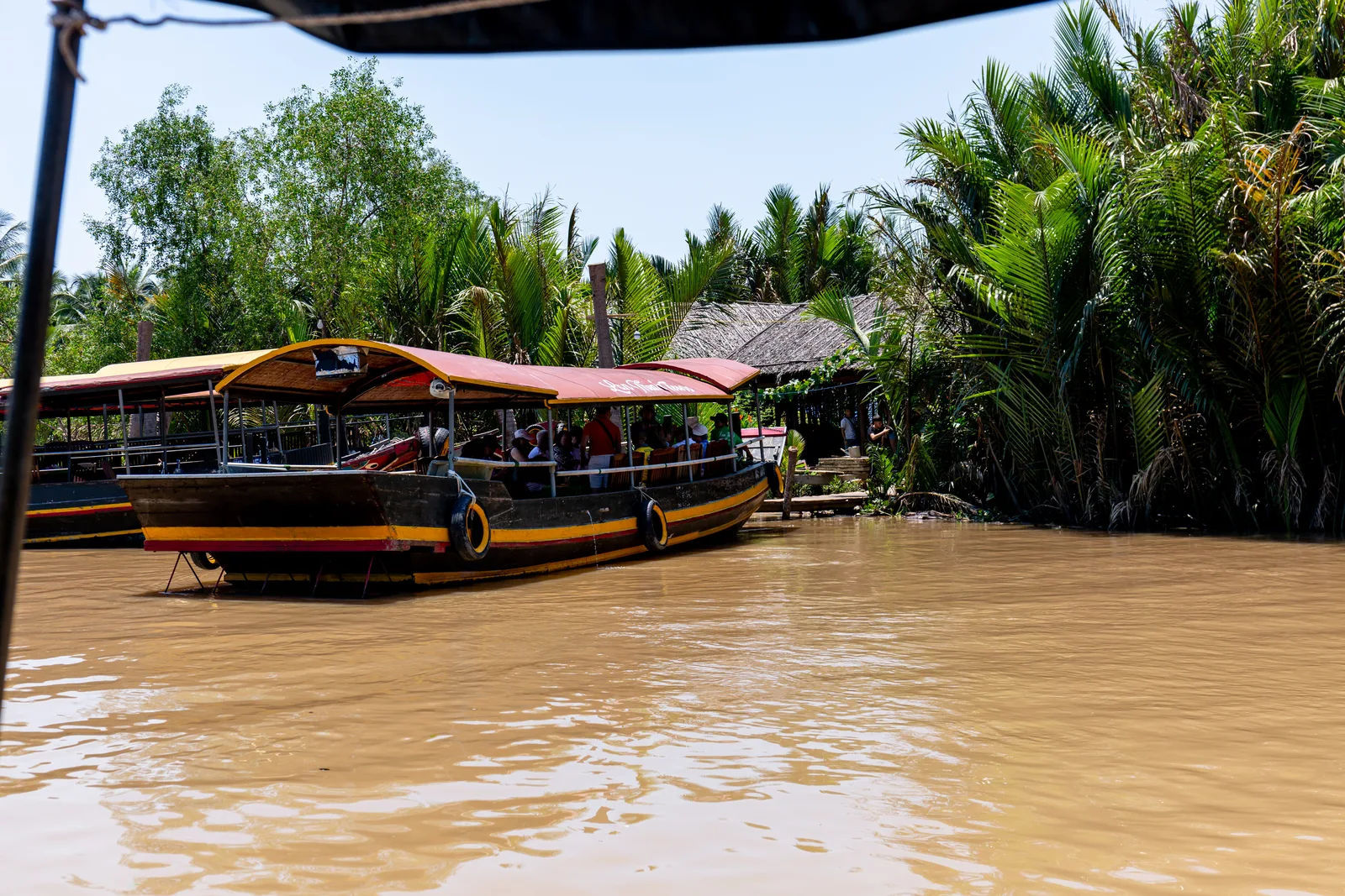 Wooden tourist boat on a palm-lined Mekong Delta waterway, Vietnam