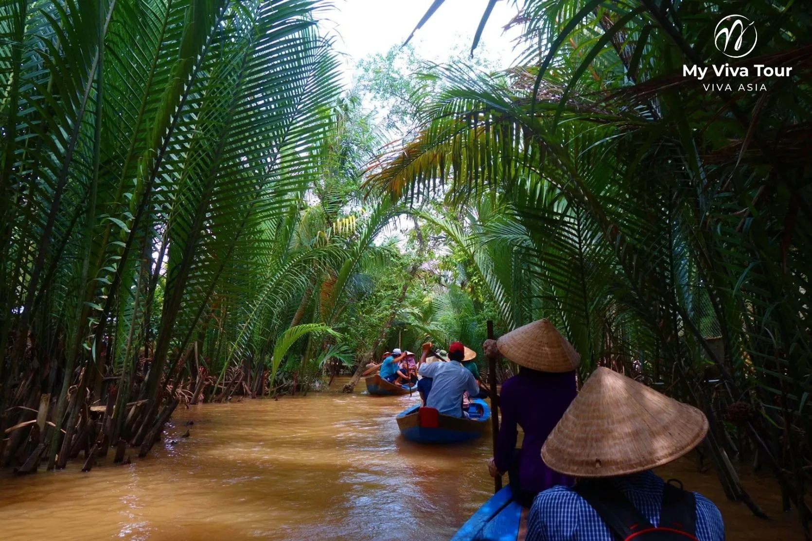 Wooden boats drifting along a palm-lined canal in the Mekong Delta, warm and green year-round in southern Vietnam