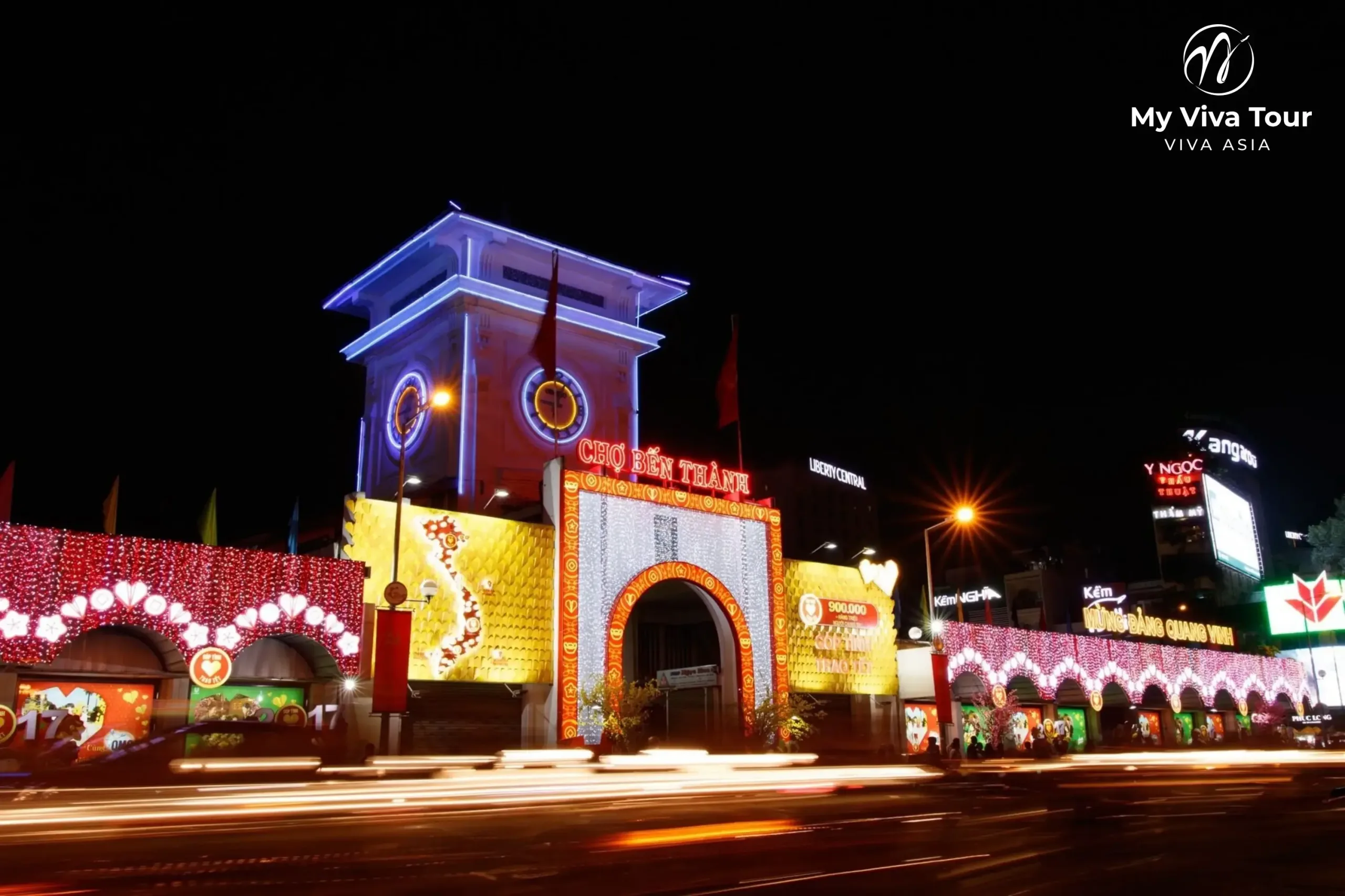 Ben Thanh Market lit up at night in Ho Chi Minh City, Vietnam