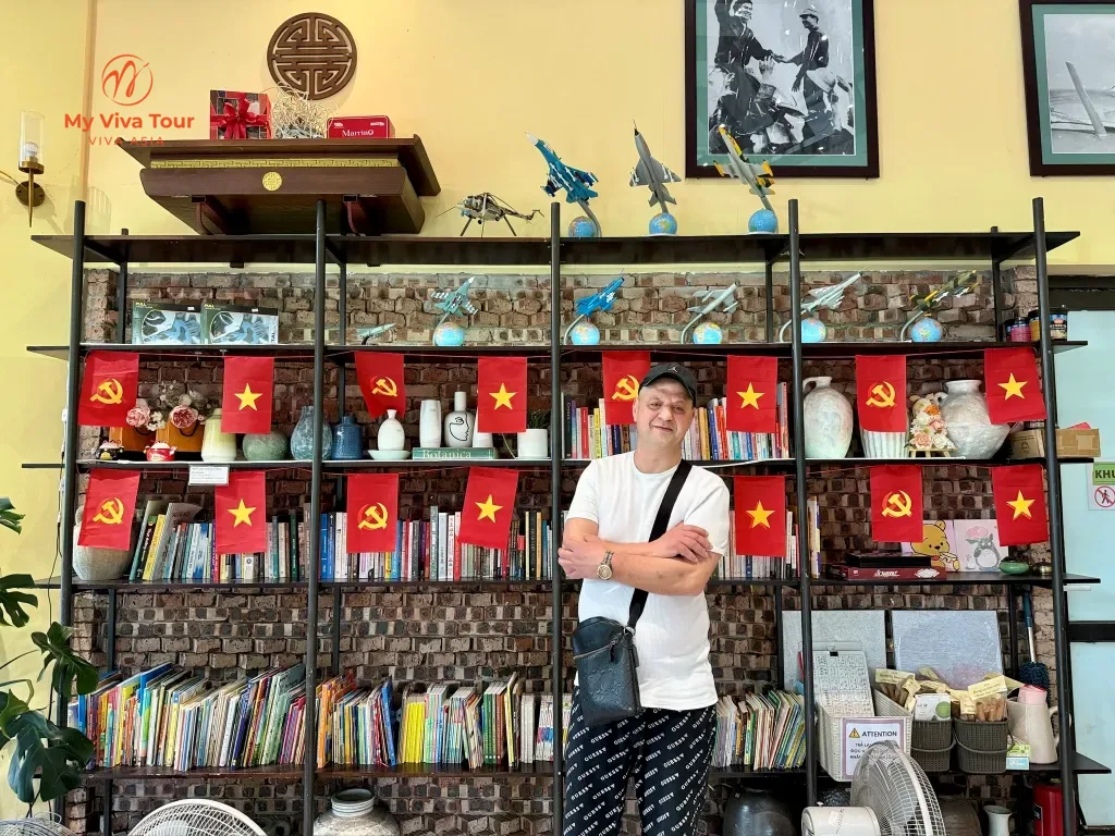 Ovidiu at a flag-decorated Hanoi cafe during Vietnam's 80th Independence Day