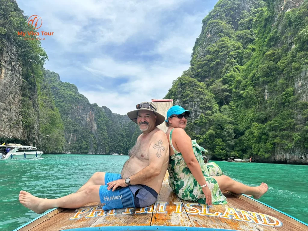 Vietnam and Thailand trip: couple sailing to Phi Phi Island, Thailand