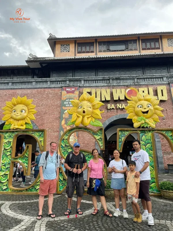 Santosh's family Vietnam trip — the family at the Ba Na Hills entrance gate, Da Nang