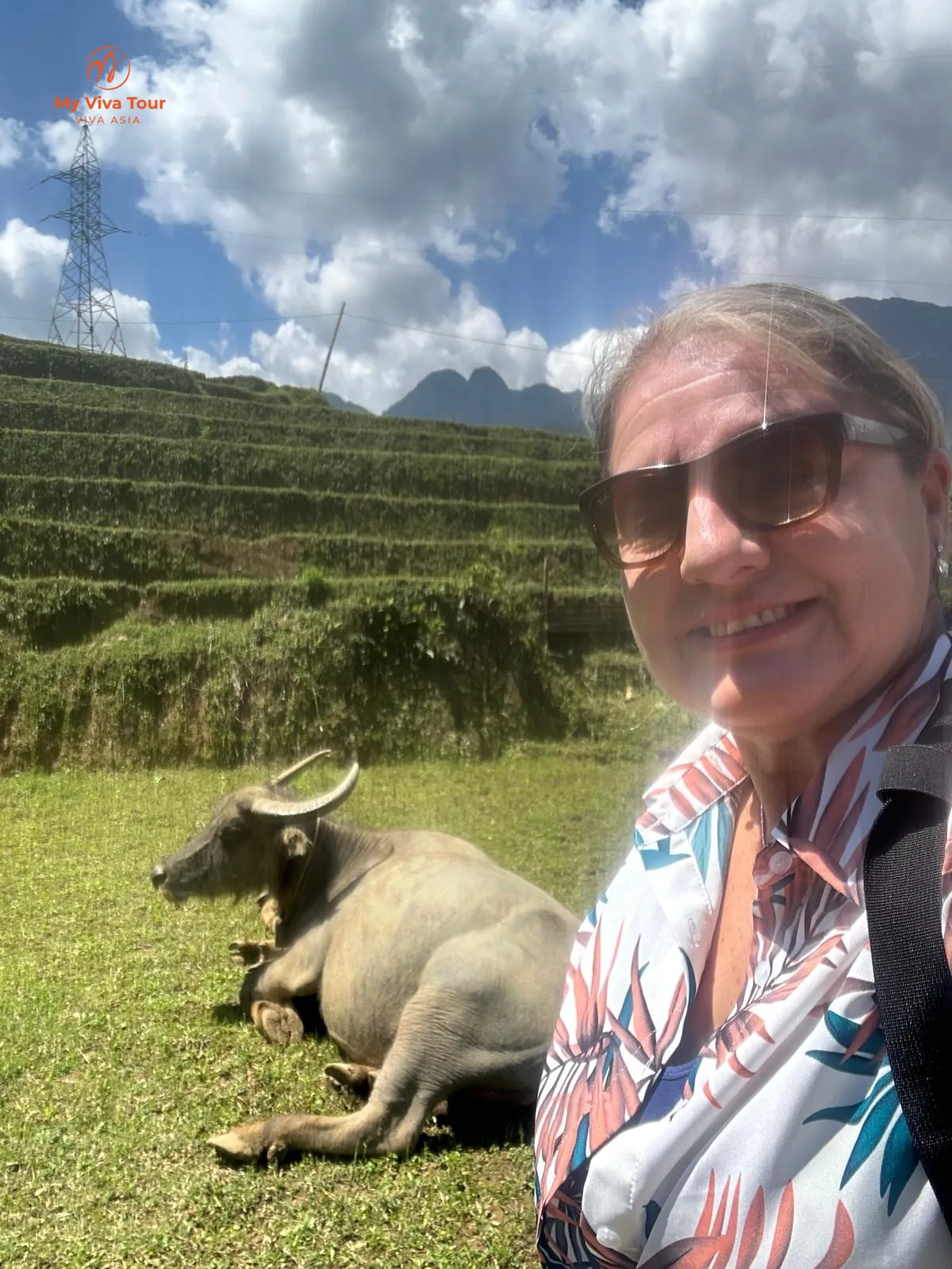 Selfie with a water buffalo among Sapa's green rice terraces