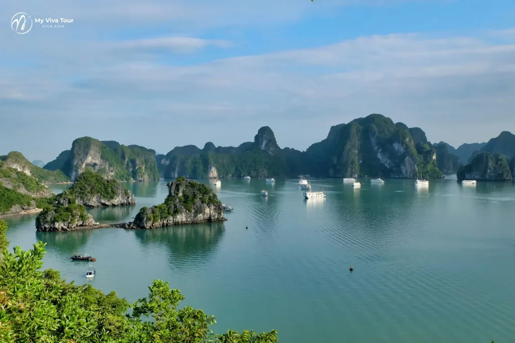 Vietnam trip cost — limestone karsts and cruise boats on Ha Long Bay