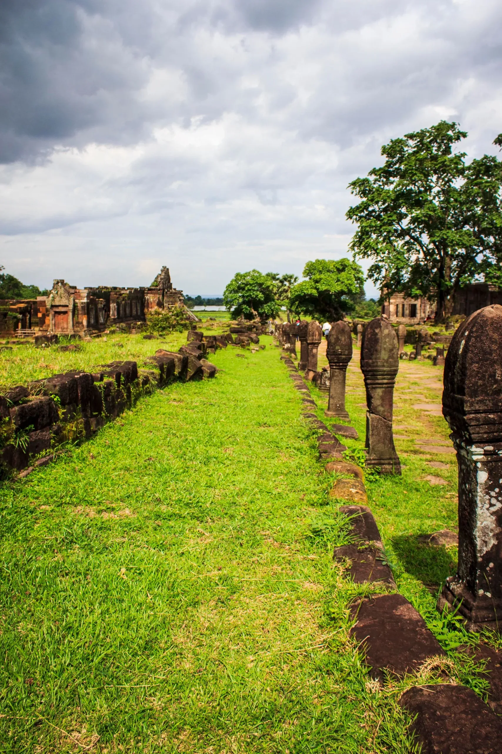 Stone-pillar processional causeway leading up to the Wat Phou temple ruins in Champasak, southern Laos