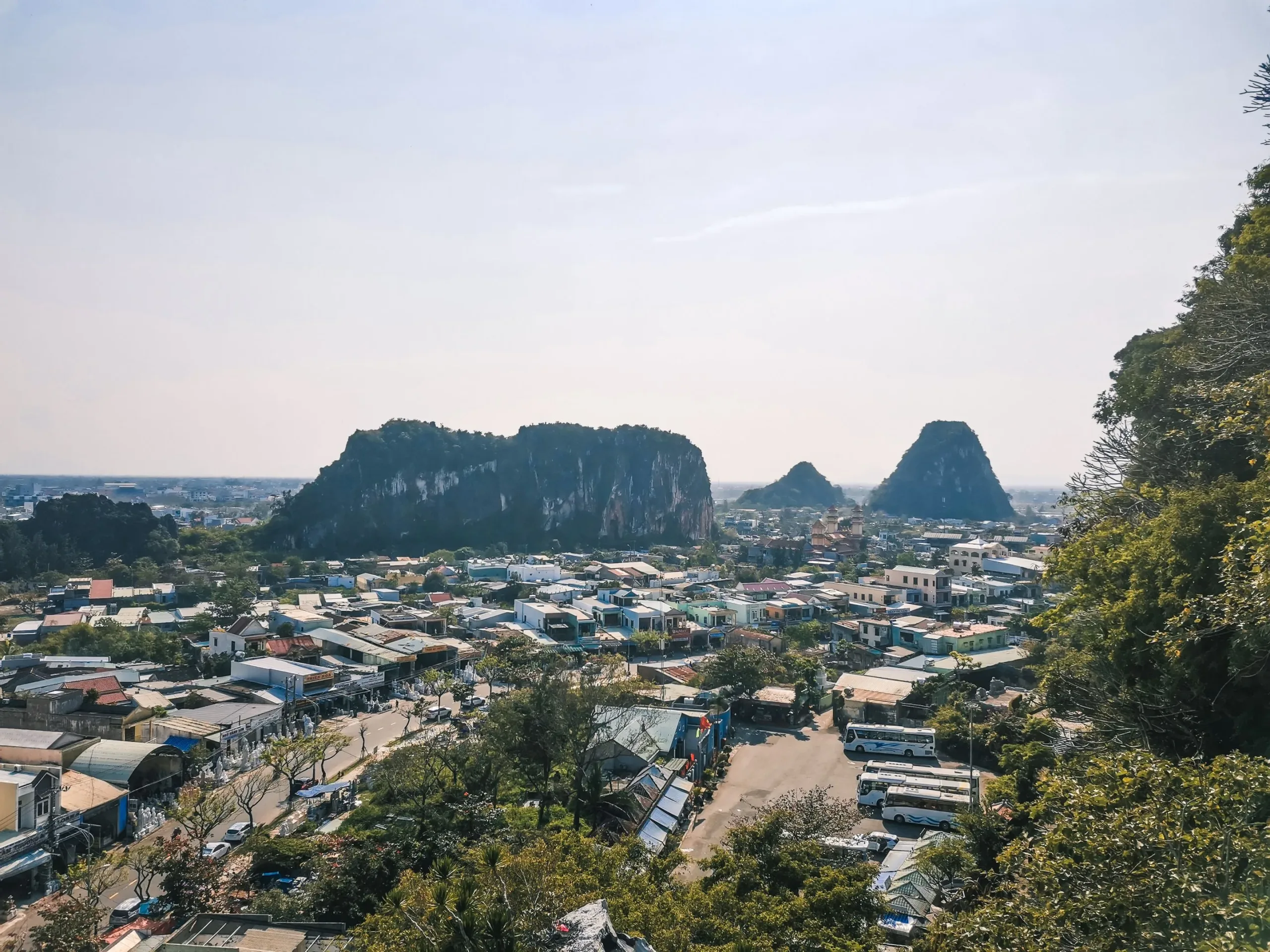 The limestone peaks of the Marble Mountains rising above Da Nang