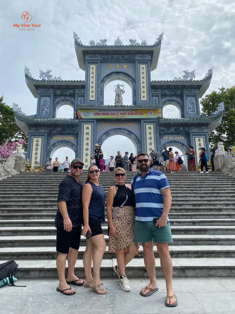 Australian travellers on the steps of Linh Ung Pagoda in Da Nang during Vesak