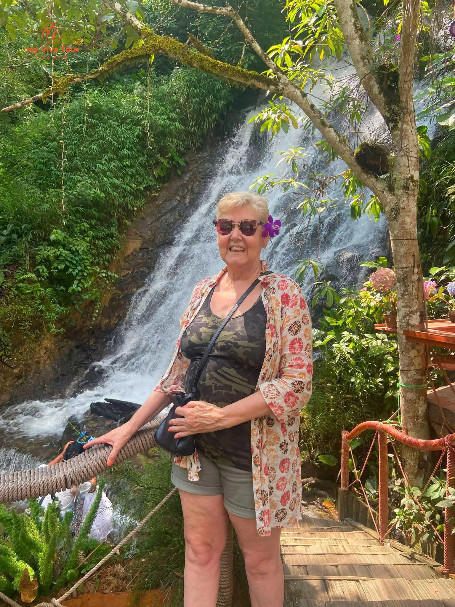 Missy in front of the waterfall on the Cat Cat village walking trail, Sapa